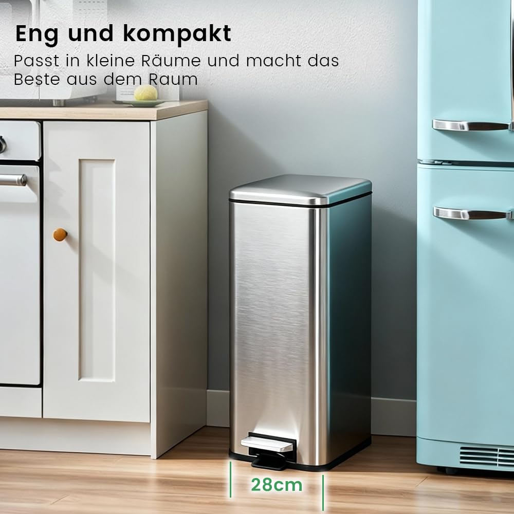 Mülleimer 30L, Abfalleimer mit Fußpedal, Inneneimer, Decke, Weiß | Mülleimer Küche, Quadrat, Stahl, Mülleimer Groß, Edelstah, Mit Metall-Pedal, Softclose Deckel, Für Küche, Büro, Wohnzimmer