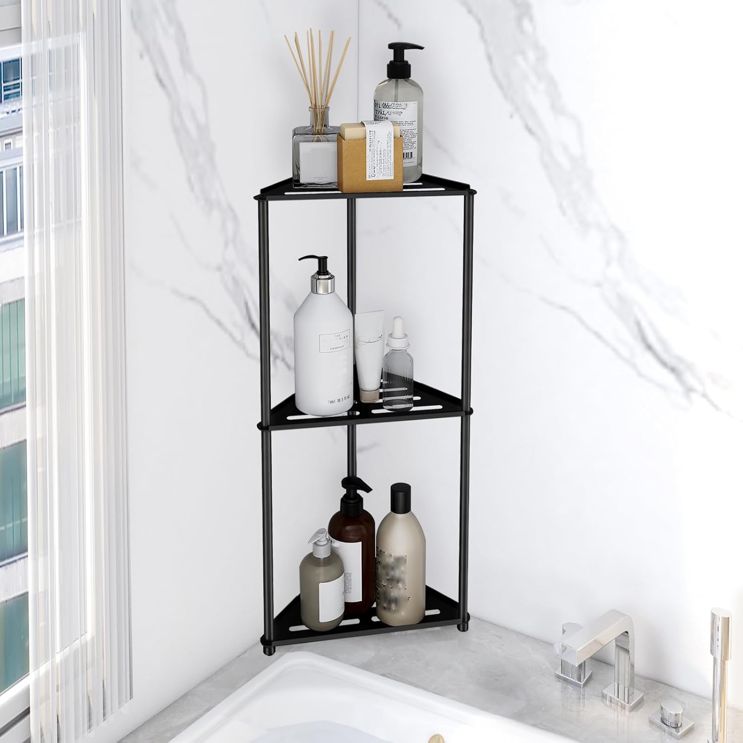 Standing Shower Caddy Corner, 3 Tier Stainless Steel Shower Organizer Stand, Rustproof Corner Shower Shelves, Corner Shower Caddy Bathroom Shower Stand, Black