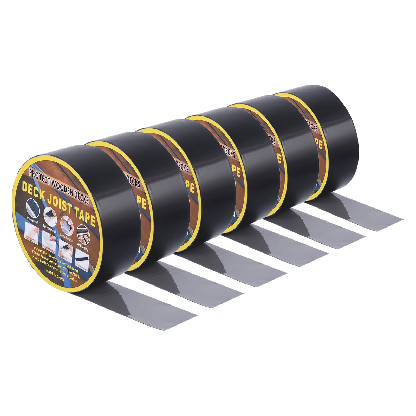 sourcing map Lot de 6 rouleaux de ruban adhésif pour solive de terrasse, 5,1 cm x 15,2 m, ruban adhésif clignotant pour protection de poutres de solive de terrasse, noir