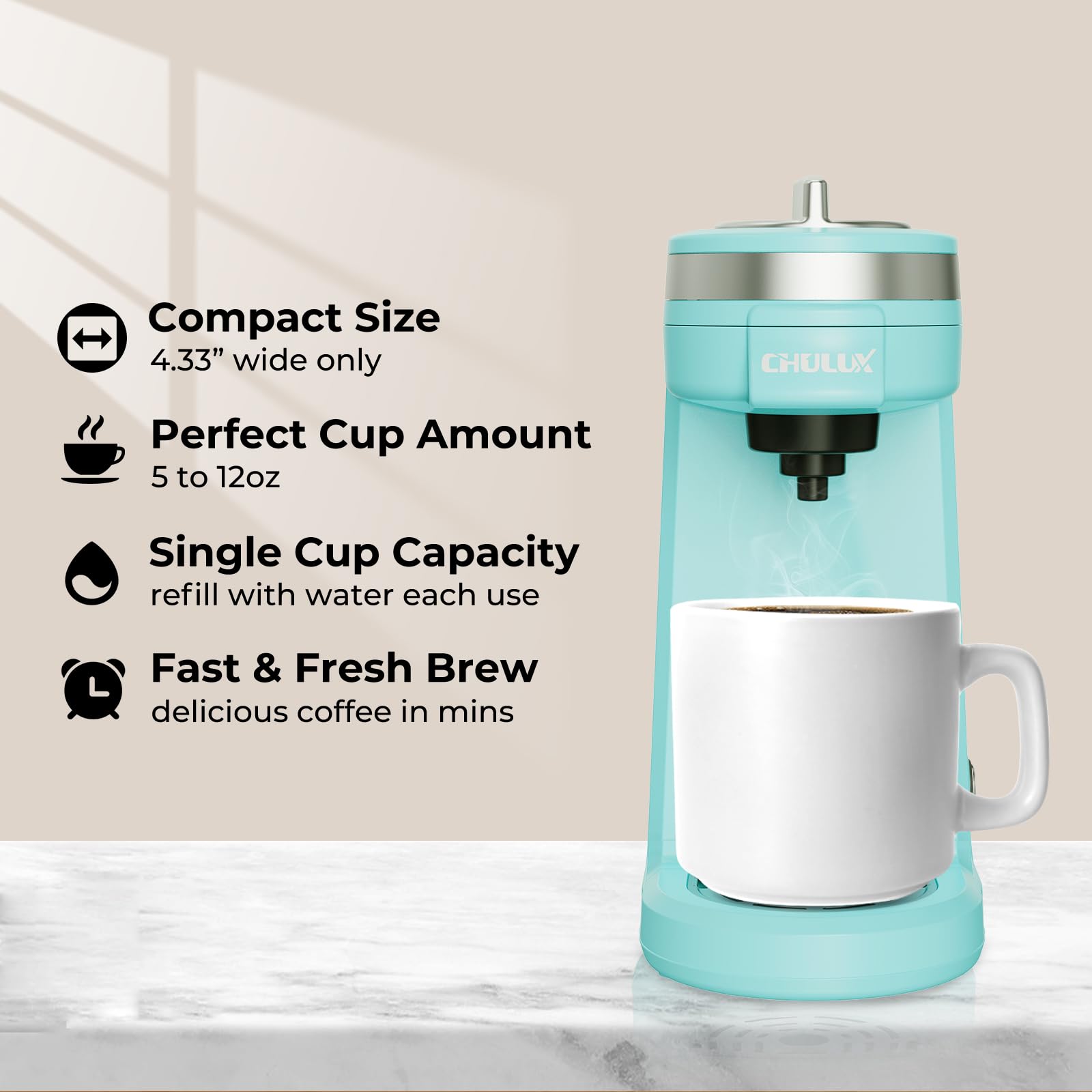 CHULUX Mini cafetera de viaje 2 en 1 para cápsula K, cafetera de porción única para taza americana, cafetera ligera en cápsulas, color aguamarina