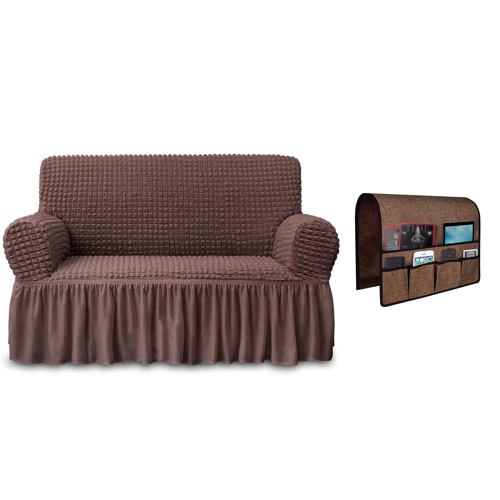 NICEEC Brown Loveseat Covers and Sofa Armrest Organizer Bundle