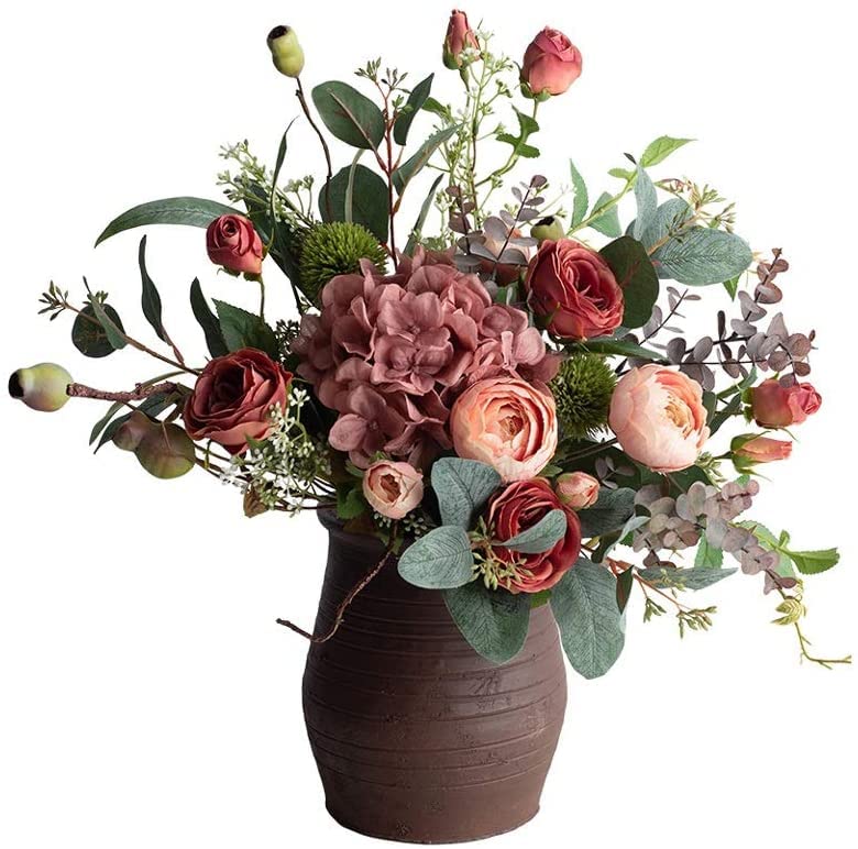 Fiori Artificiali Rosa Con Vaso In Ceramica - Rose Di Seta Per Centrotavola - H 30,5 Cm - 2
