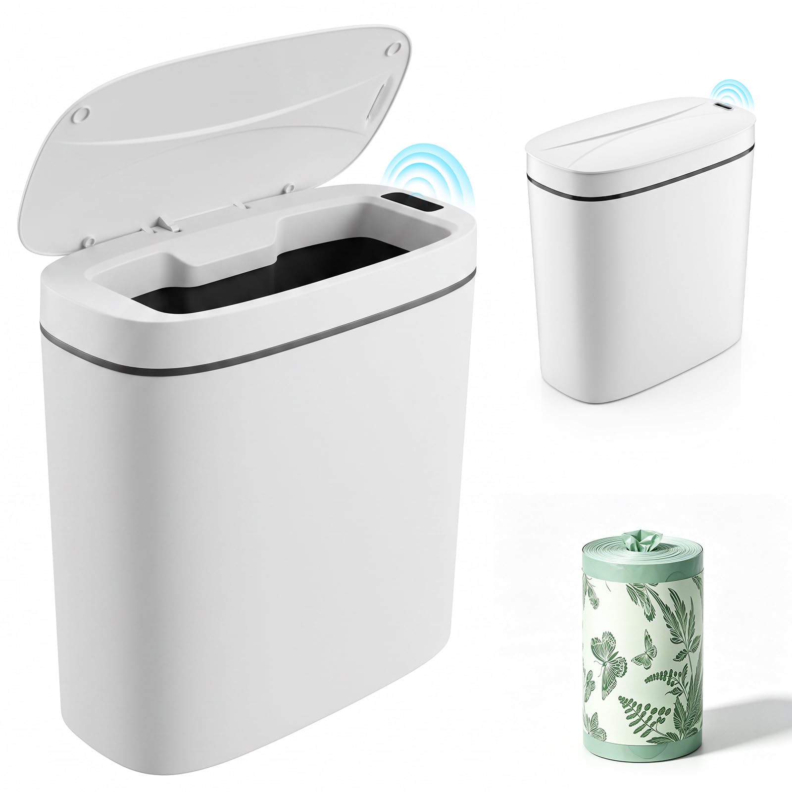 Sensor Bins Bathroom Trash Can - 14L Slim Smart Bathroom Bin with Lid & Garbage Bags Automatic Bins for Kitchen Electric Waterproof Motion Sensor Bin Plastic Trash Can for Kitchen Bathroom Office