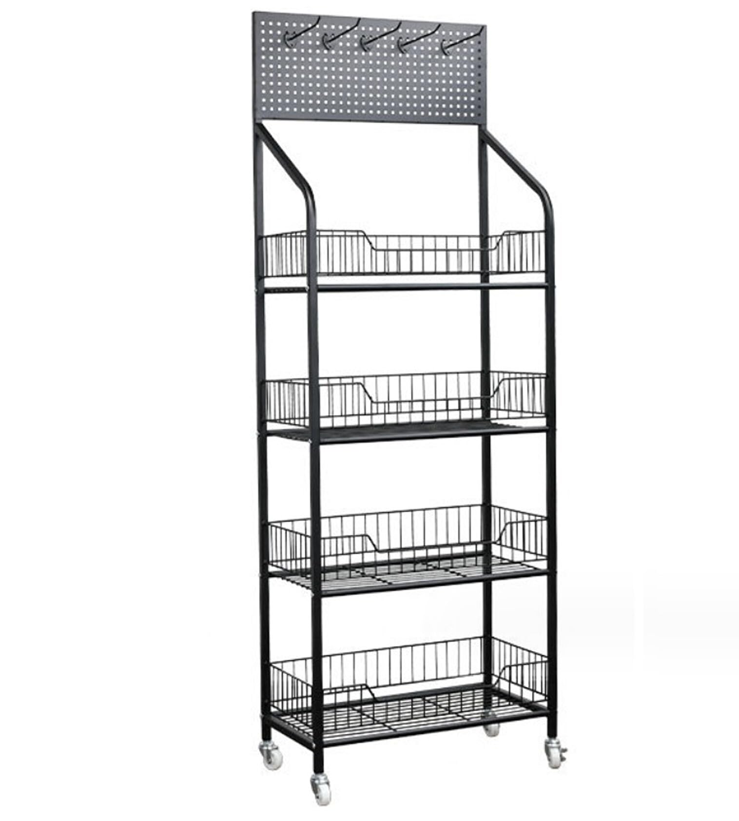 Scaffalature per negozi al dettaglio – 140 x 50 x 27 cm – Scaffalature per negozi con 4 ruote – Scaffale per stoccaggio con 4 ripiani – Scaffale da officina con 5 ganci a parete forata – Scaffale per