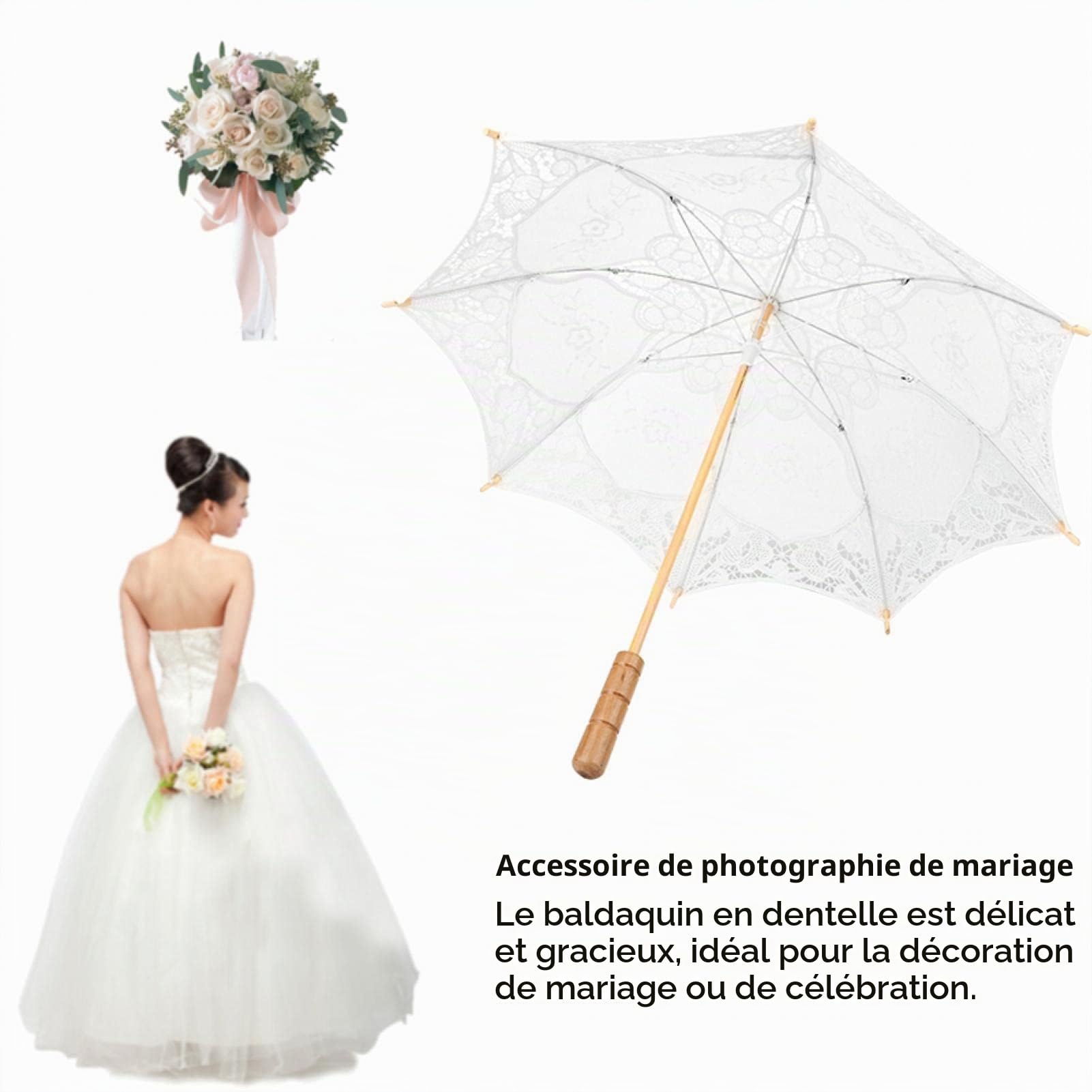 Buachois Dentelle Parapluie Artisanat Fleurs Dentelle Broderie Parapluie Enfants Scène Performance Fête de Mariée Décoration Photographie Scène Props Accessoire(Blanc L)