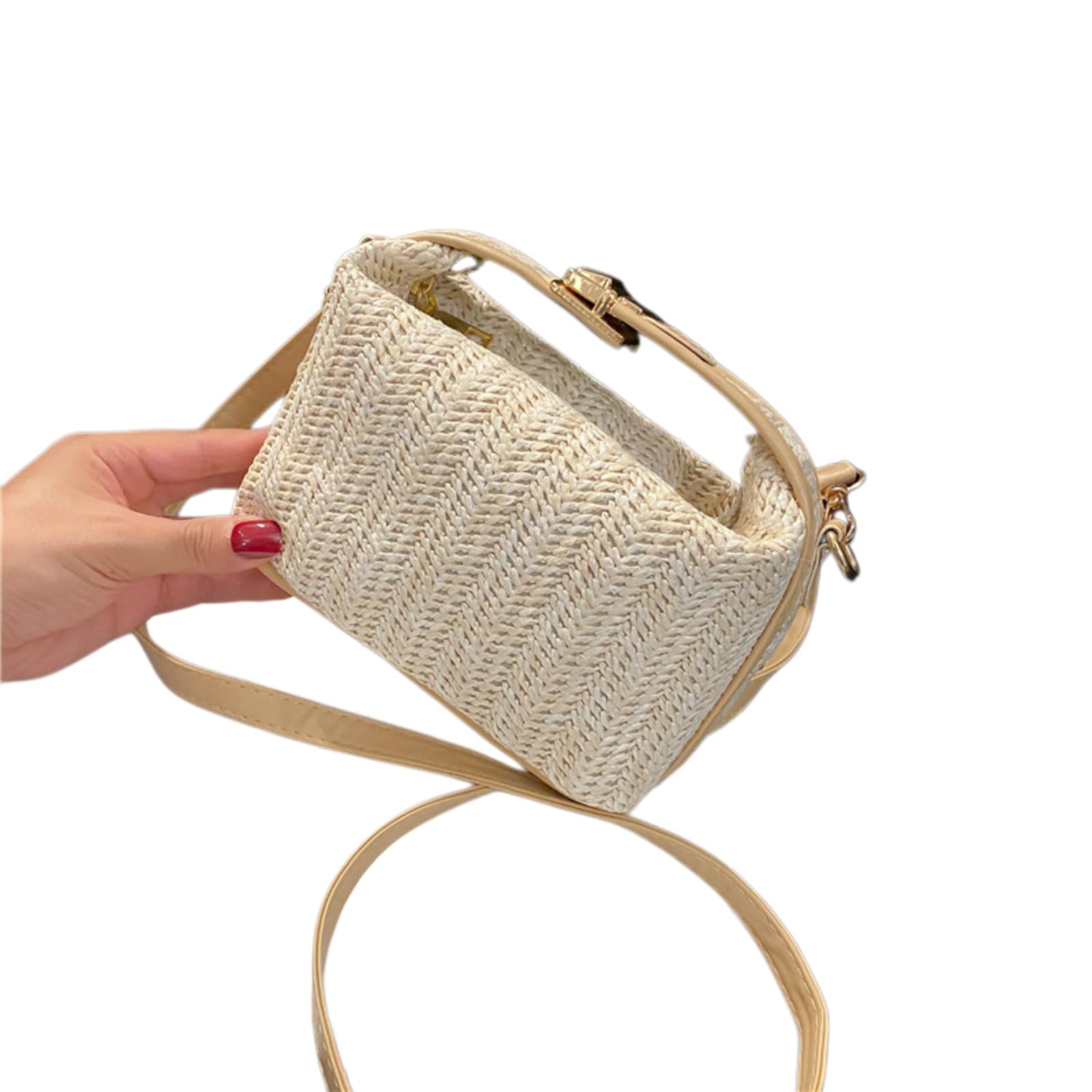 Beauty Case Borsa A Spalla di Paglia Moda, Piccolo Secchio Tessuto Crossbody Tote con Design Estivo Casual-khaki-20x11x12cm