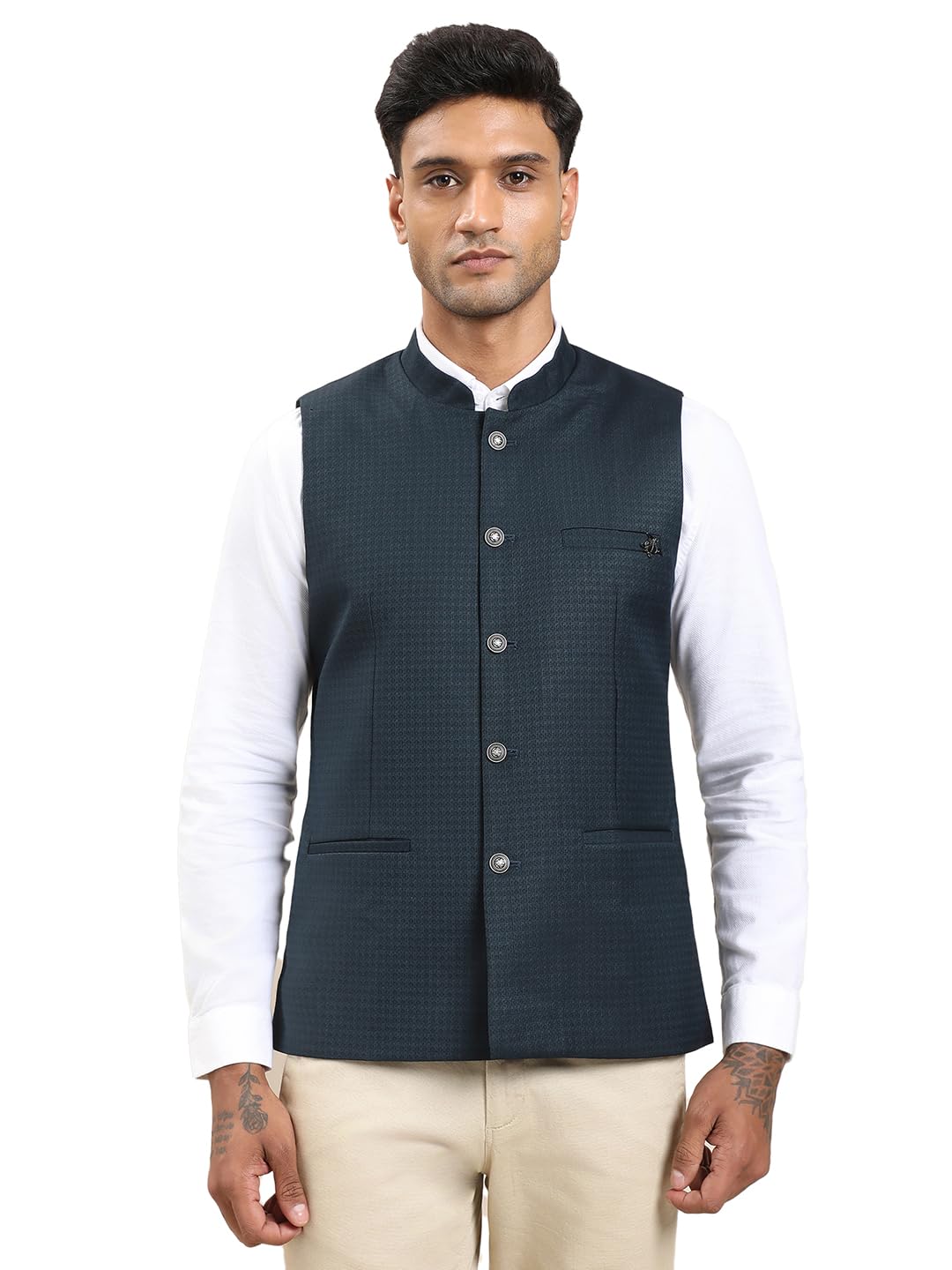 turtle Men Polyviscose Self Design Slim Fit Blue Nehru Jacket||Waistcoat-picture-53