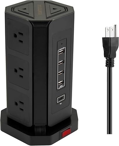 EUNTETOX Torre de regleta con 4 ranuras USB con cargador rápido USB C de 18 W (5 V3.1 A), torre de extensión de enchufe de 9 vías, cable de