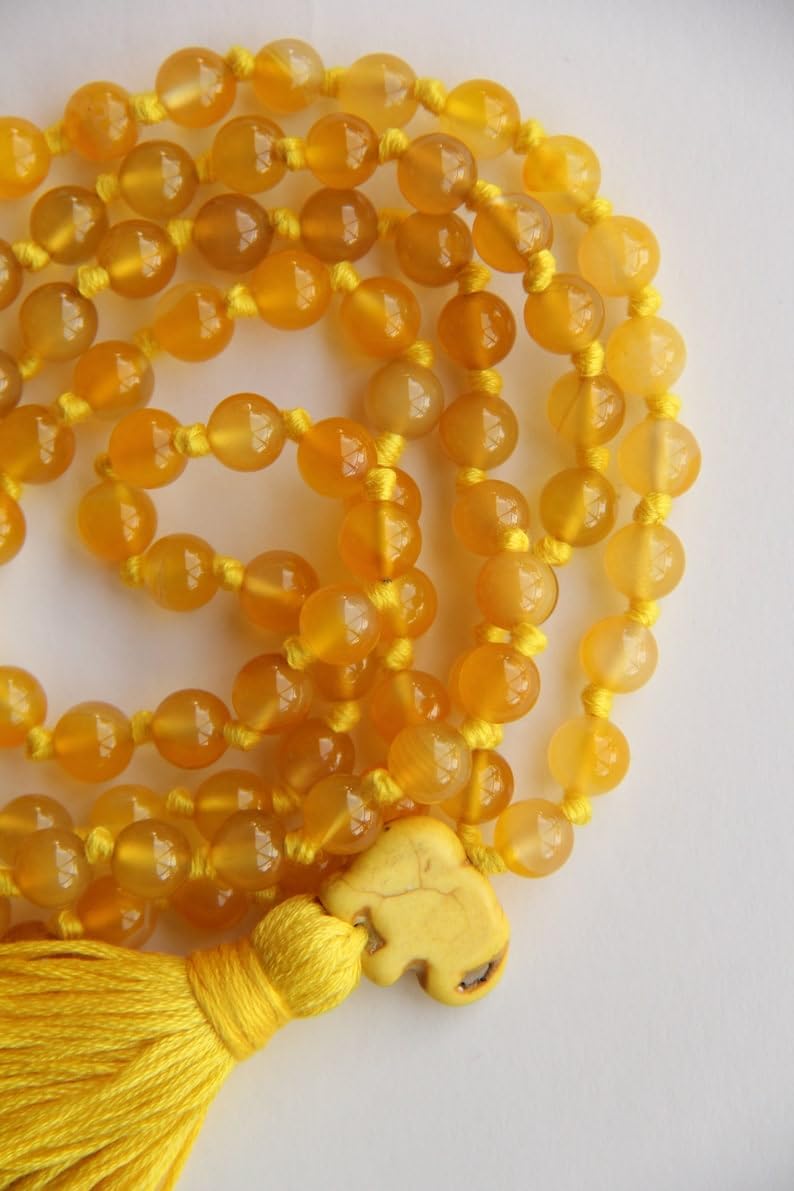 Cuentas de mala de piedra de citrino amarillo, collar de 108 mala, nudo mala, collar WWG, joyería de yoga, cuentas de meditación, joyería espiritual, joyería bohemia