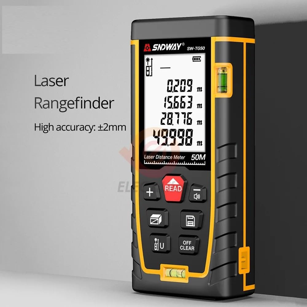 ENTMENITSEA SW-TG50 Laser Distance Meter angled view highlighting accuracy