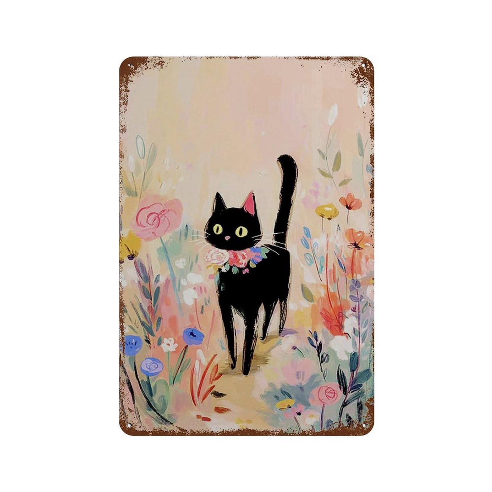 xiaoxiaoshen Black Cat Whimsical Floral Cute Colorful Animal Work Playful Modern Wall Decor Art Metal Tin Poster Modern Home Decor Art Home Bar Shop Decorations Vintage Sign 30x20cm