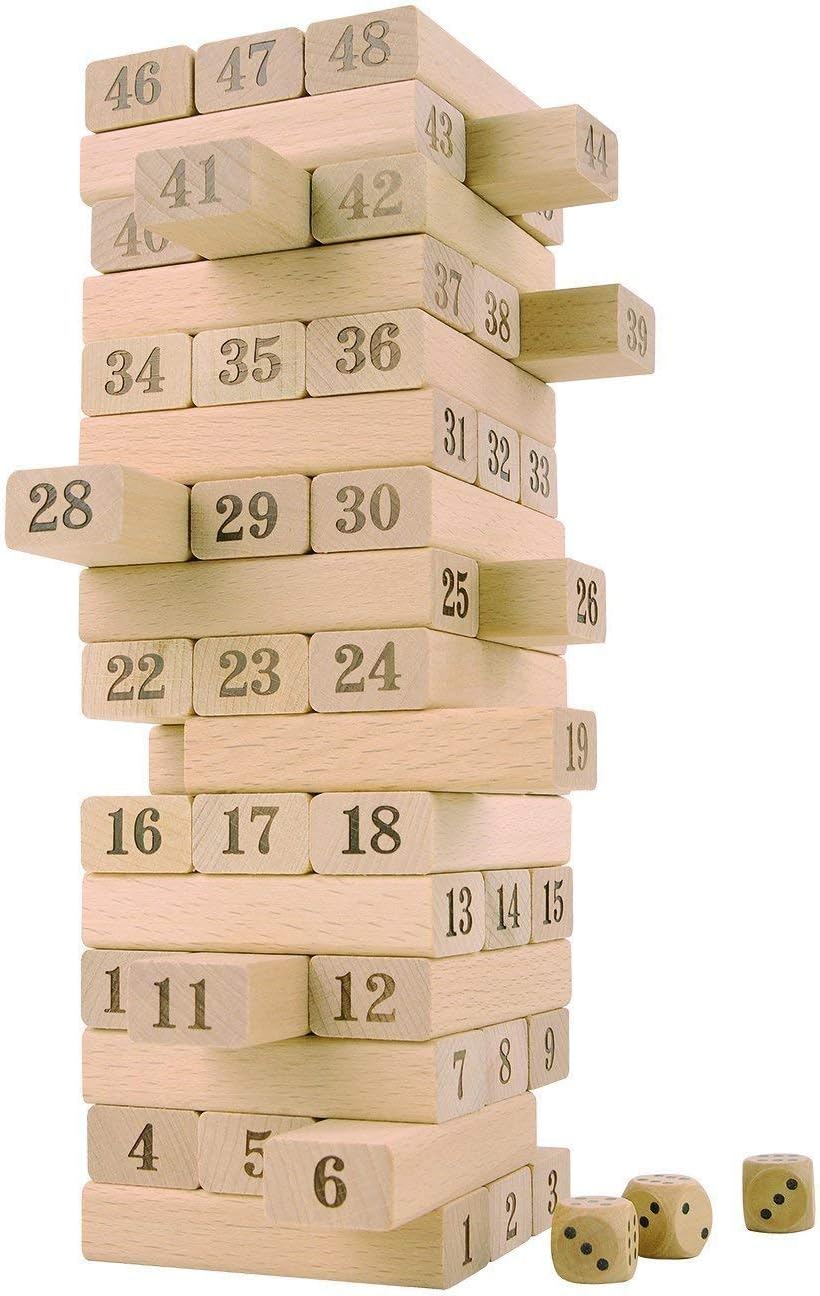 Storio Challenging Maths Game Wooden Blocks, Wooden Tumbling Tower, Stacking and Balancing Block Toys with Dices for Kids & Adults