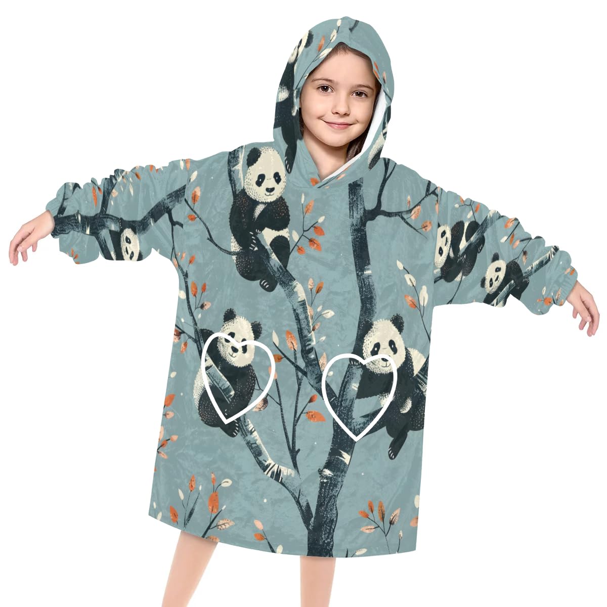 Wearable Blanket Hoodie for Kids, Playful Panda Fleece Sweatshirt Blanket Oversized Blanket Sweatshirt with Pocket Flannel Warm Hooded Blanket 6-10 Year Old Girl Boy Gift, One Size