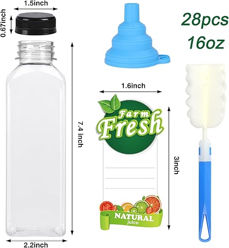 Miniatura 2 de Moretoes 28 botellas vacías de plástico para jugos de 16 onzas, botellas de jugo con tapas negras a prueba de manipulaciones, recipientes
