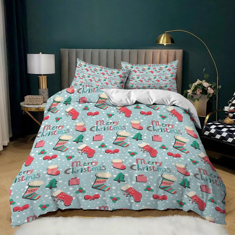 Housse de couette chaussettes de Noël douce 220x240 anti-plis pour lit