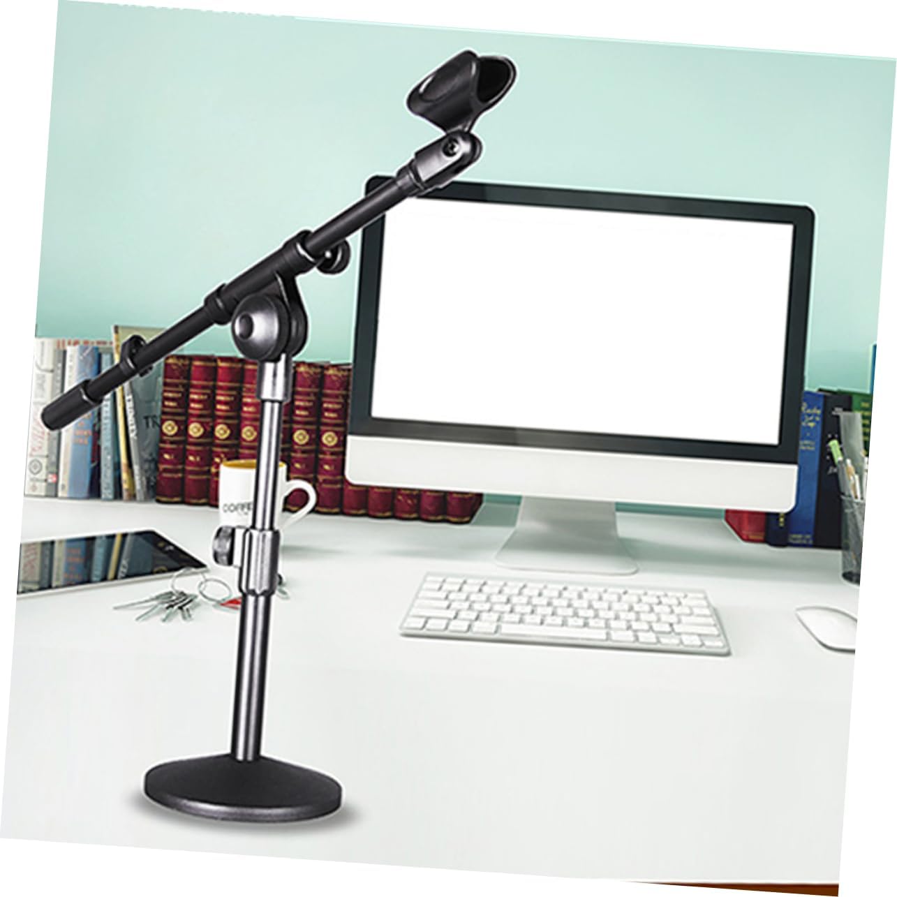 Microphone Stand Adjustable Microphone Condenser Microphone Stand Mic Desk Mic Stand Microphone Desktop Holder Office Desk Accessories Microphone Mount Small Arm Black Iron