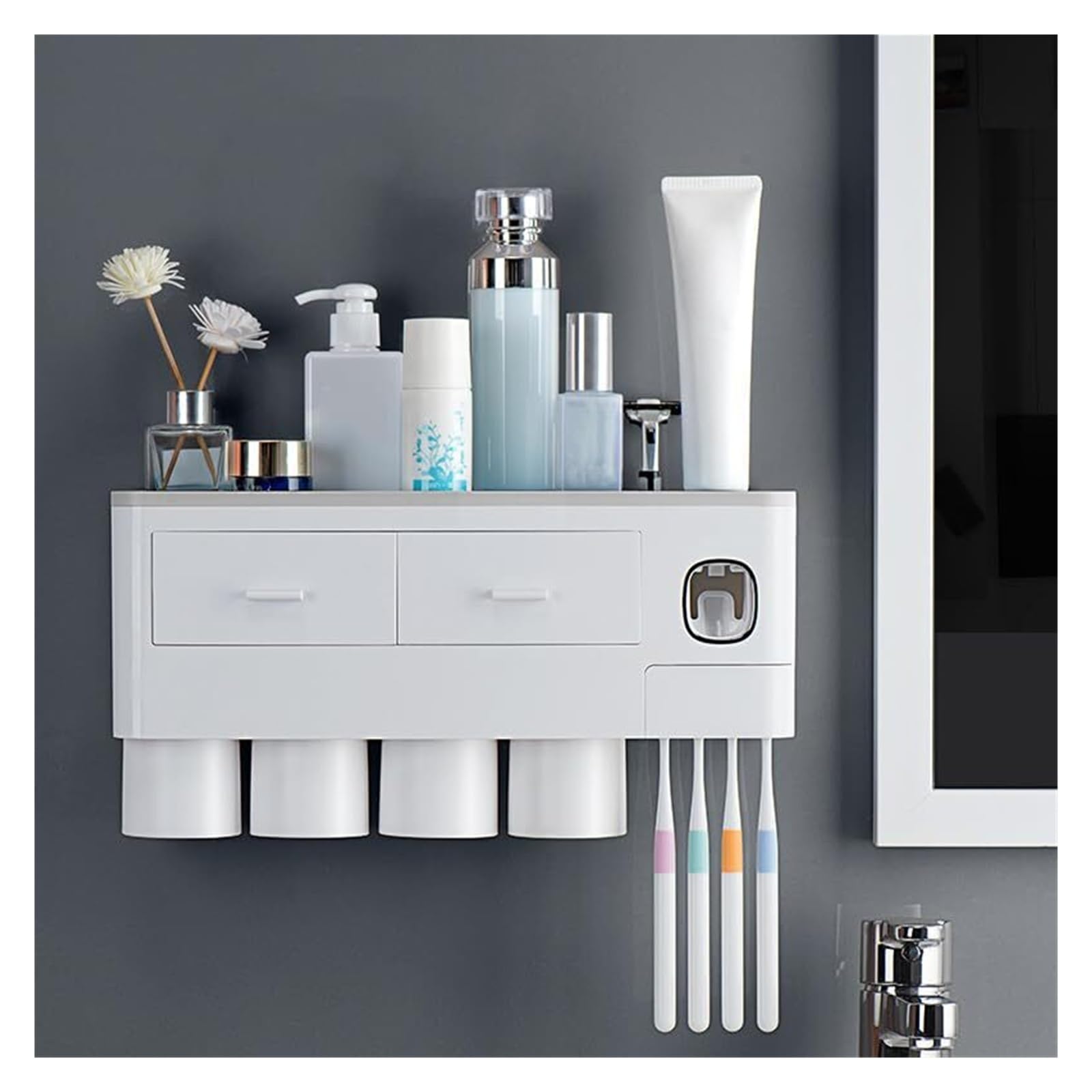 Portacepillos de Dientes Estante montado en la Pared del Almacenamiento Estante Cepillo de Dientes con el dispensador Pasta Vaso de Enjuague bucal Reutilizable