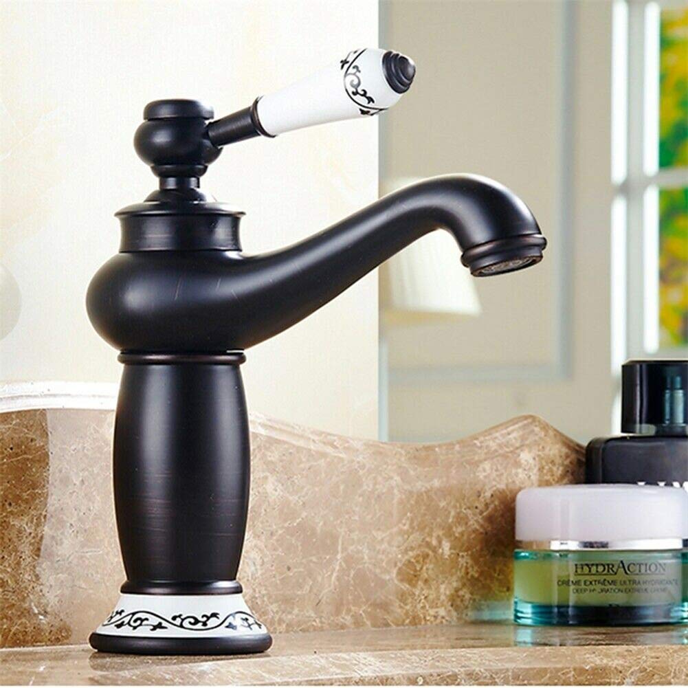 Grifo Lavabo Vintage de Cuenca Individual de Control de de Agua Caliente Fría Rústico Baño Grifo Lavabo Antiguo Cerámica Floral con Mezclador Monomando para Lavabo de Cocina (Negro)