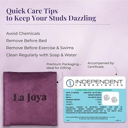 Miniatura 5 de Aretes de diamantes cultivados en laboratorio para mujer, aretes de 16-3 14 quilates, oro blanco y amarillo de 14 quilates, certificados por