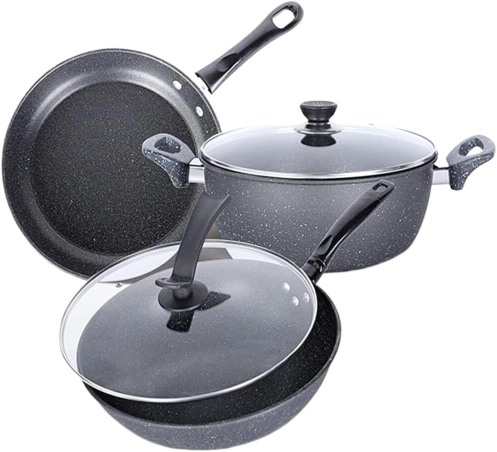 Cookware Cooking Pots, 3pcs Cookware Set Soup Pot Wok with Lid Frying Pan Medical Stone Wrought Iron Non-Stick Cooking Pot Set Kitchen Kitchen Saucepan Set