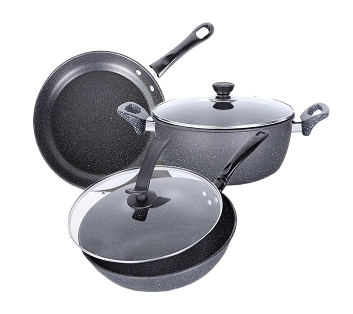 Batteria di Pentole, Set Di Pentole 3 Pezzi Set Di Pentole Per Zuppa Wok Con Coperchio Padella In Pietra Medica In Ferro Battuto Set Di Pentole Antiaderenti Da Cucina Utensili Cucina Set Pentole