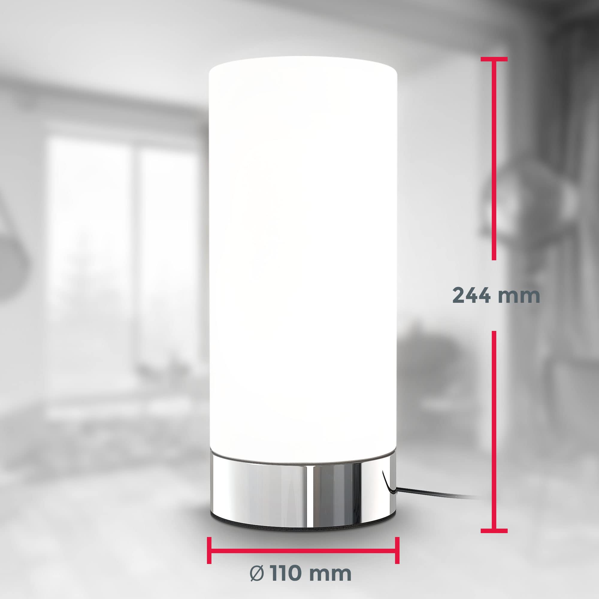 B.K.Licht - Nachttischlampe mit Touch, Dimmbar, E14 Fassung, Zylinder Glas weiß, Tischlampe, Lampe, Nachttischleuchte, Tischleuchte, Bürolampe, Leselampe, Leselicht, 24,5x11 cm (DxH), Chrom-weiß