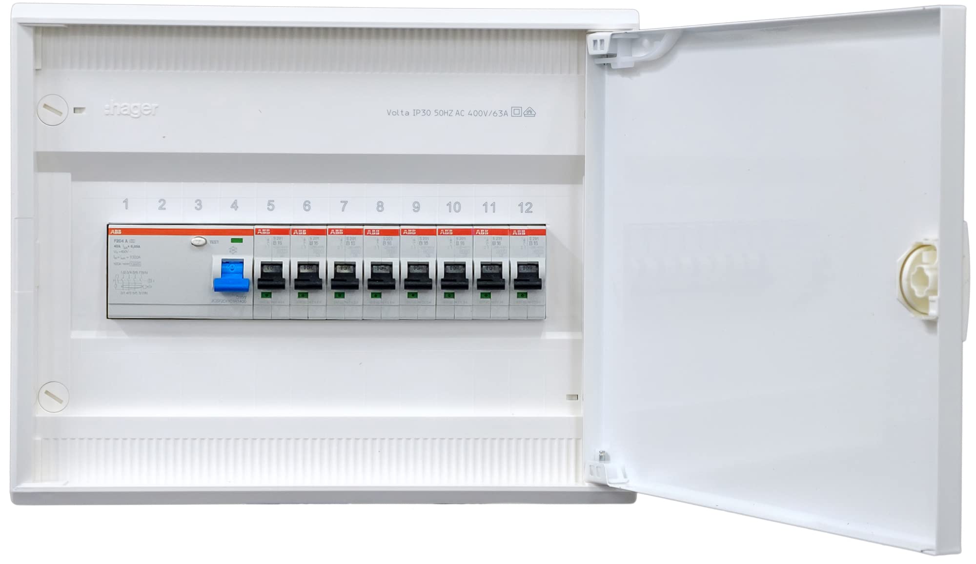Hager Aufputzverteiler 1-reihig VA12CN ANSCHLUSSFERTIG verdrahtet mit Klemmblock. Bestückung ABB 1x FI 4-polig + 8x LS B16A