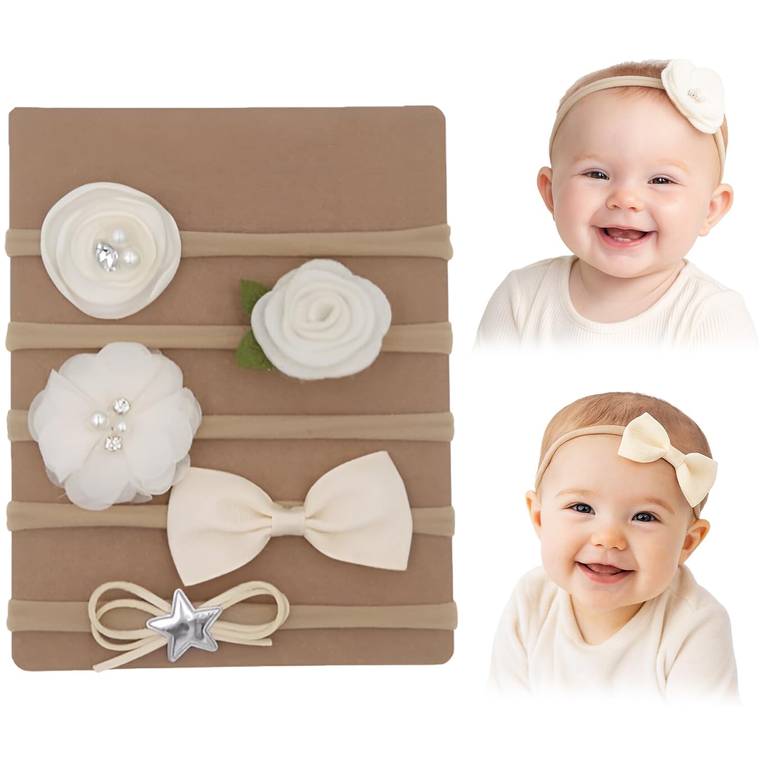 SYGA 5 Pcs Baby Headband, Flower, Star & Bow Stretchable, Nylon HairBand for Newborn Infant Toddlers Kids 0-3 Year-Beige