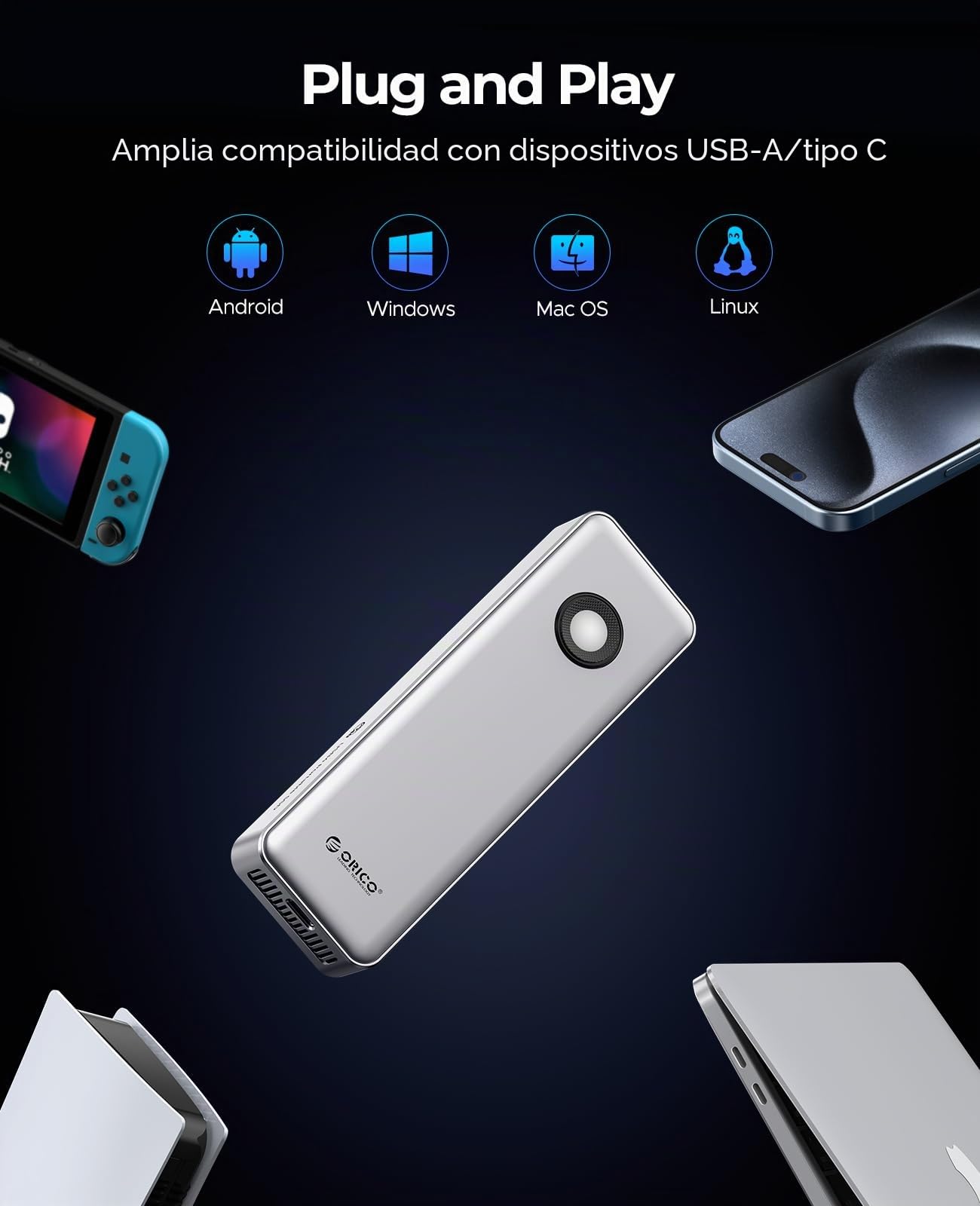 ORICO 40Gbps RGB SSD Portátil de 2TB, USB4.0 para 3700MB/s, Unidad de Estado Sólido Externa con Cable USB C 2 en 1, Ventilador de Refrigeración Incorporado, Compatible con Thunderbolt 4/3 - R3700