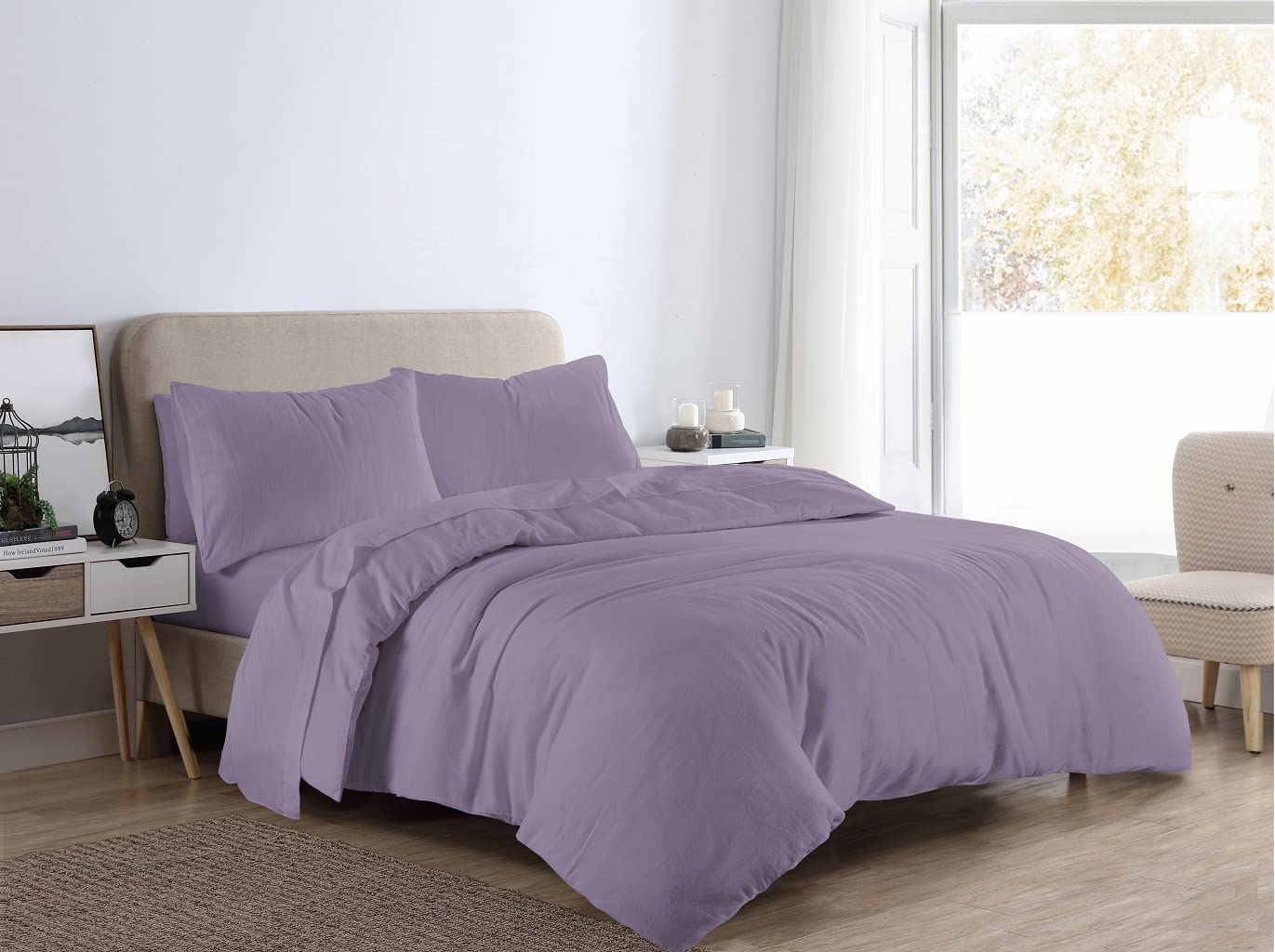 De Lavish 100% Brushed Cotton Duvet Cover With Pillowcase Plain Dyed Flannelette Bedding Thermal Quilt Set Single Bed Size, Lilac
