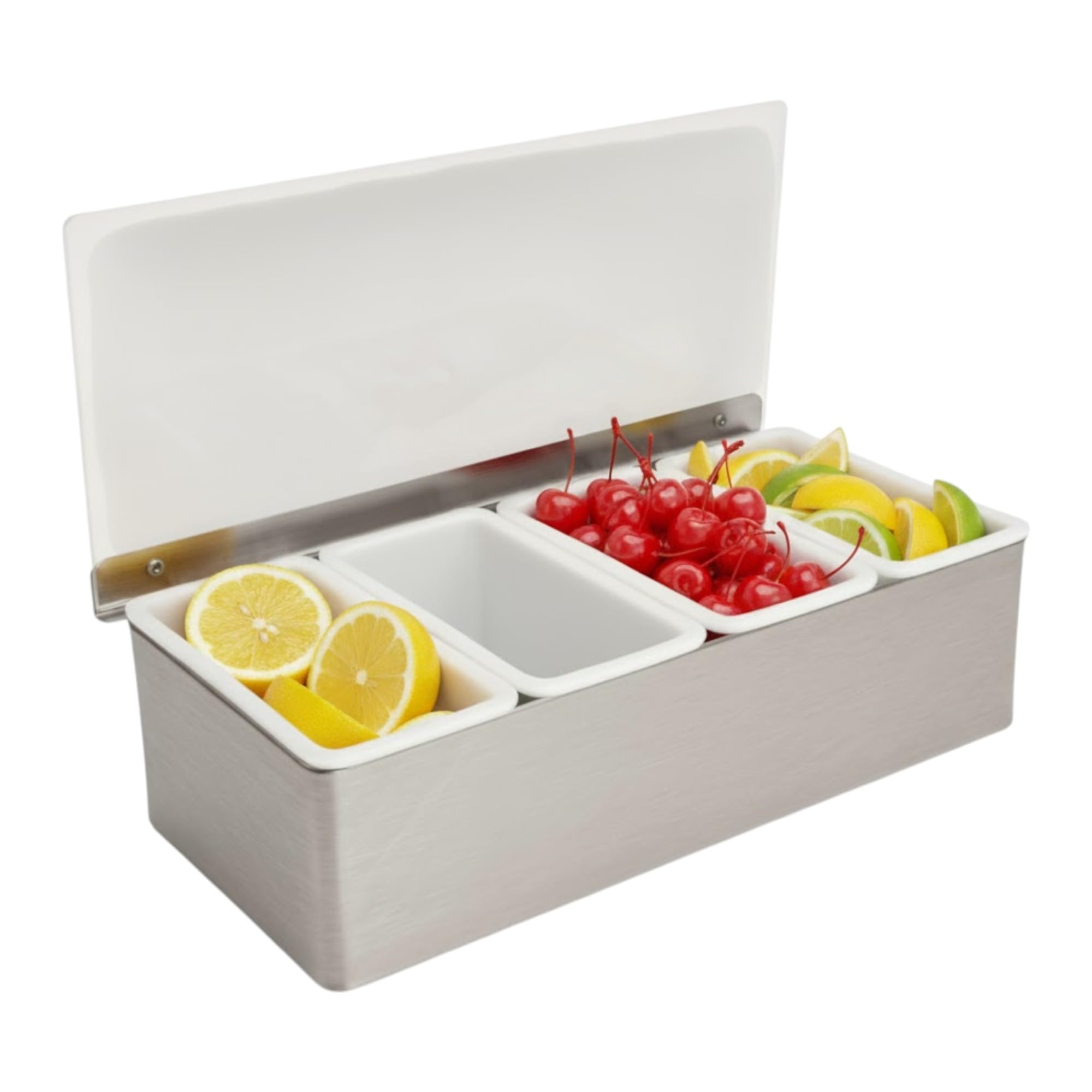 Chabrias Ltd Stainless Steel Professional Stainless-Steel Condiment Dispenser - Food-Safe Compartment Back Bar Garnish Station | Removable Inserts With Flip Lid | Ideal For Bars, Pubs (, 4 Compartment)