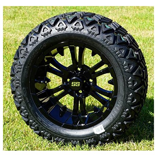 14" Vampire Gloss Black Aluminum Golf Cart Wheels and 23X10-14 All Terrain Golf Cart Tire Combo - Set of 4
