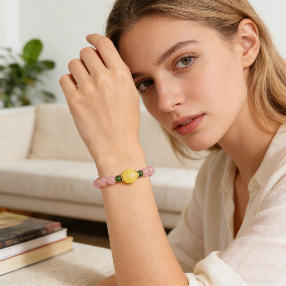 Bracciale in Quarzo Rosa e Ambra - Cristallo Rosa Naturale con Perle di Ambra autentica per Amore, Armonia ed energia Calda, Gioielli Elasticizzati per Donna