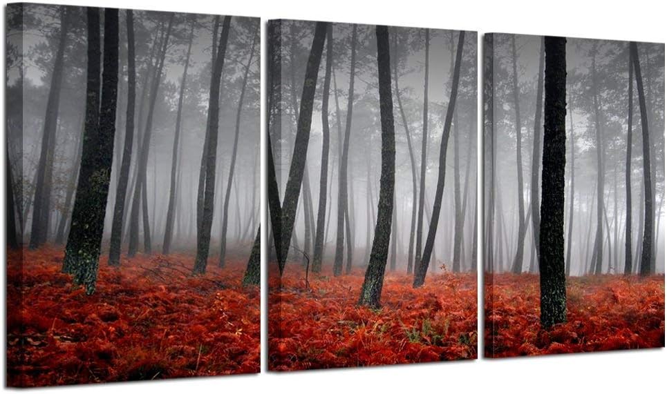 KREATIVE ARTS 3 Pieces Canvas Prints Modern Beautiful Autumn Nature Scenery Painting Wall Art Black and White Trees Foggy Forest with Red Leaves On Ground Canvas Decor for Home Artwork