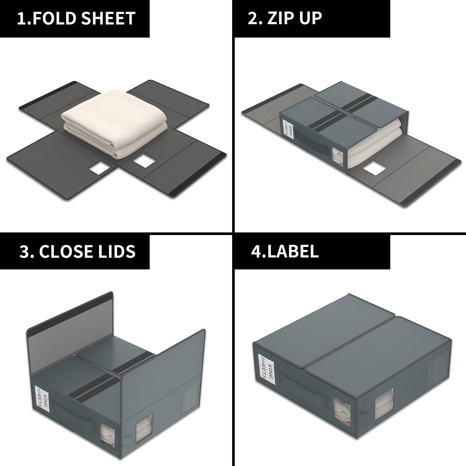 Bettlakenorganizer und Aufbewahrung – 4 Stück (Queen-Size- oder King-Size), faltbare Aufbewahrungsbox für Bettbezug-Set, Leinen-Schrank-Organizer für Bettwäsche, Kleidung, Decken, grau
