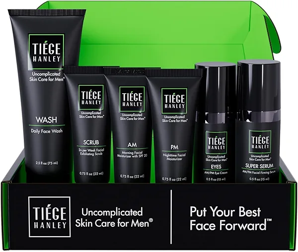 Tiege Hanley Men’s Skin Care Set, Anti-Aging Routine (System Level 3) – Face Wash, Scrub, Moisturizer, Eye Cream & Serum for Wrinkle Defense, Firm Skin & Long-Term Anti-Aging Protection