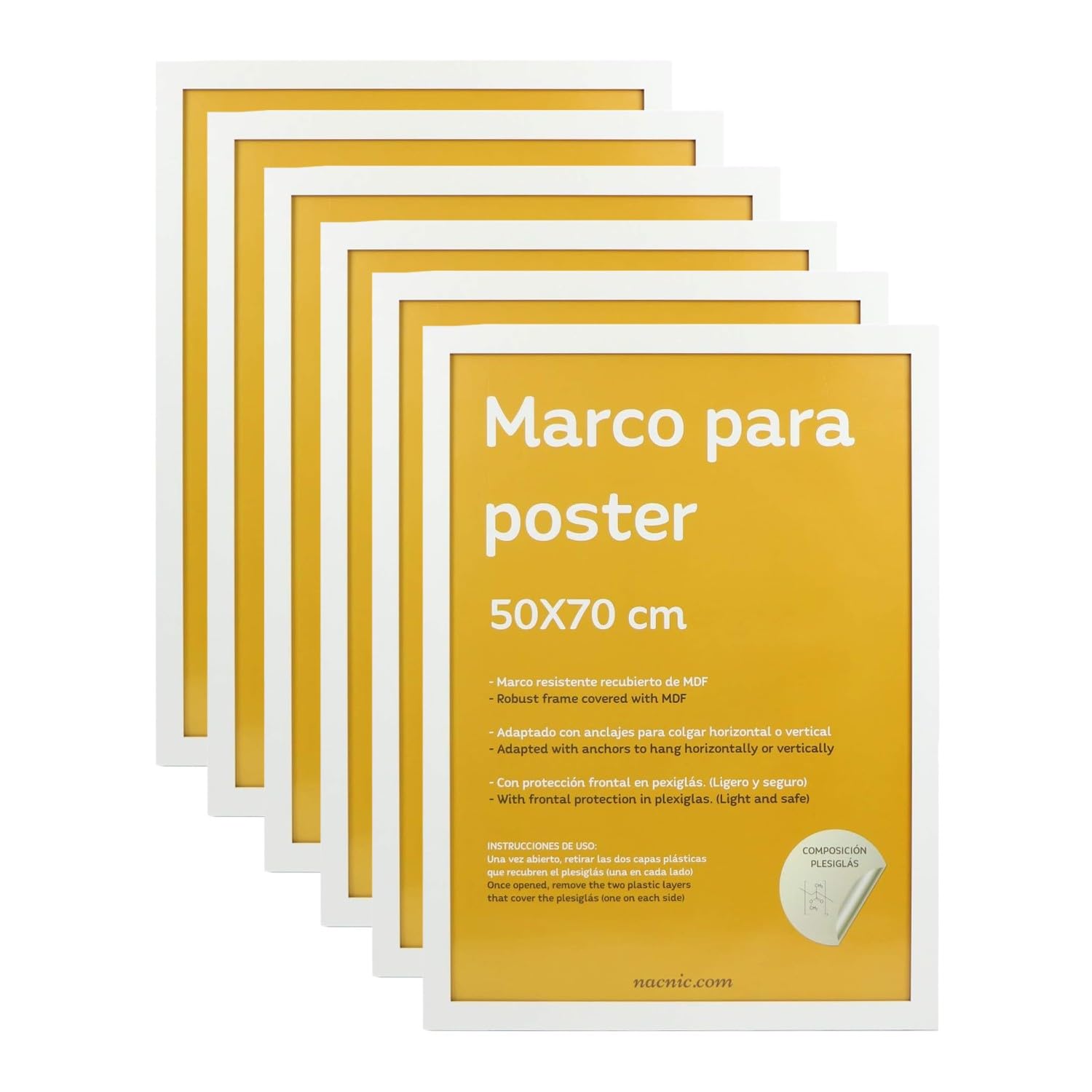 Nacnic - Pack 6 Marcos de Madera MDF Blanco y Vidrio Acrílico | Protección y Expositor de Fotografías, Láminas, Pósters, Cuadros y Decoración para Salón, Dormitorio u Oficina | 50x70cm