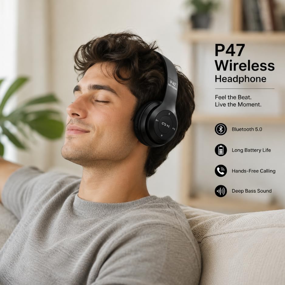 Image of P0047 Wireless Bluetooth Headphones with Deep Bass, Foldable Design, Built-in Microphone, Adjustable Headband, Noise Isolation, Stereo Sound for Mobile, Laptop & Tablet (Multicolour). (Black)