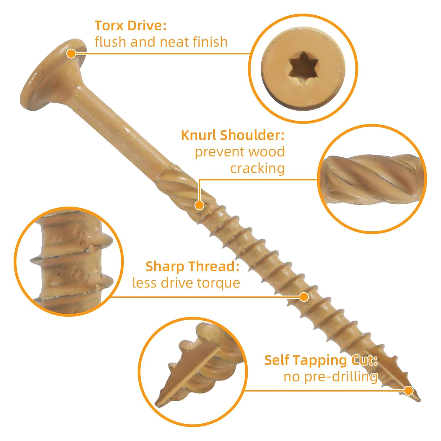 #14 x 3 Lag Screws (200Pcs), Structural Wood Screw, Heavy Duty Exterior Coated Star Drive Lag Screws for Wood, Deck Screws with T30 Star Bit, Washer Head (Yellow)