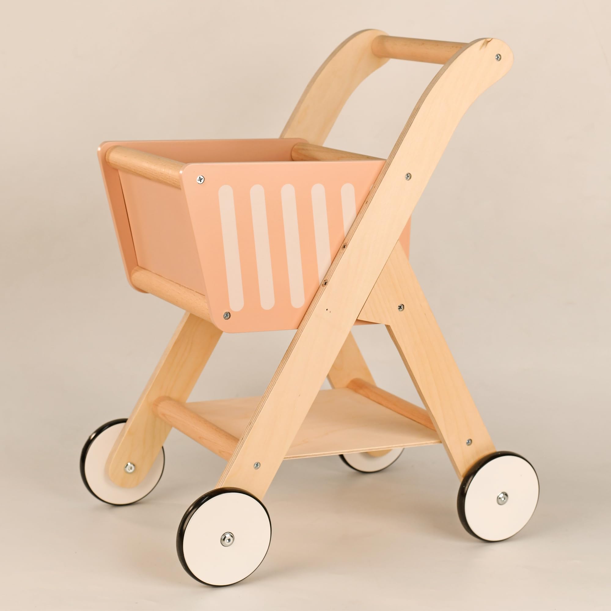 Playbox Shop 'N' Roll - Educational Wooden Toy Role Play Grocery Store Shopping Trolley | Boys Or Girls Pretend Play Supermarket Playset in (Green & Pink)