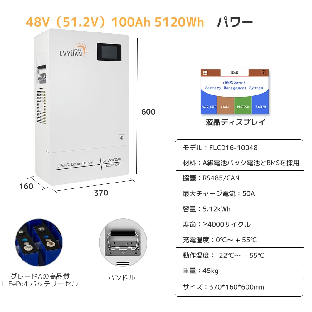 Amazon.co.jp: LVYUAN 100Ah 51.2V リン酸鉄リチウムイオンバッテリー
