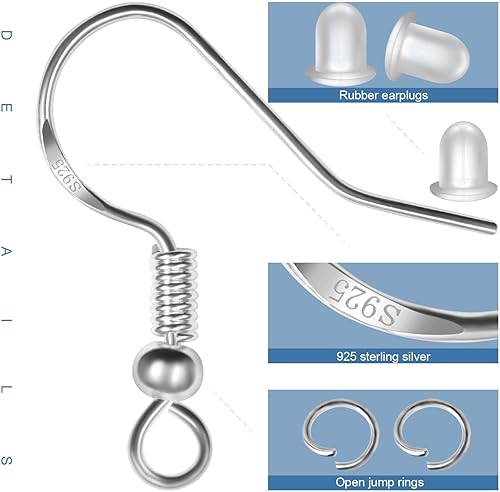 Miniatura 39 de Ganchos para aretes de plata de ley 925, kit de 750 ganchos para aretes, 250 piezas/125 pares de ganchos hipoalergénicos dorados y plateados con 250