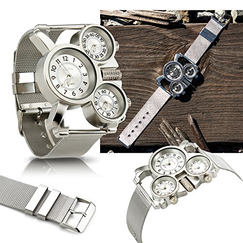 Oct17 Men's Military Quartz Analog Wrist Watch Stainless-Steel Metal Mesh Strap Durable Sub Dials Multi Time Zone Chronograph Oversize Gunmetal - Silver - Thumbnail 2