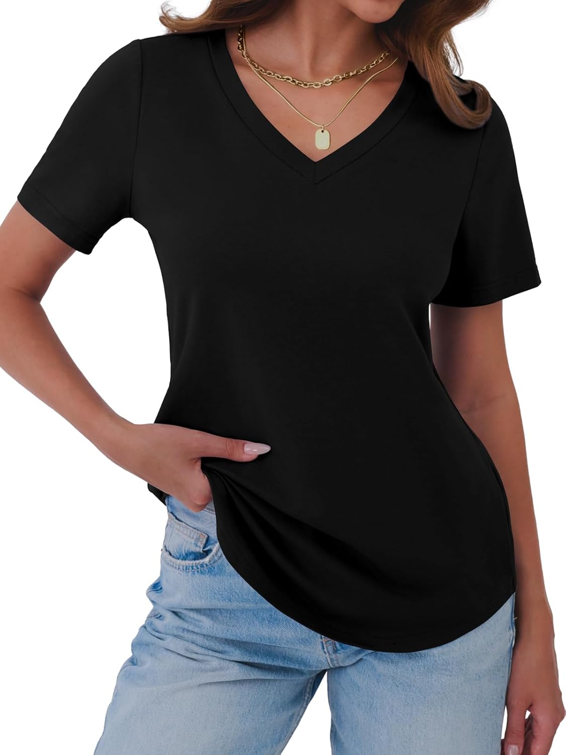 Womens T Shirts V Neck Short Sleeve Cotton Tops Summer Curved Hem Trendy Basic Tee Shirt S-XXL - Image 5