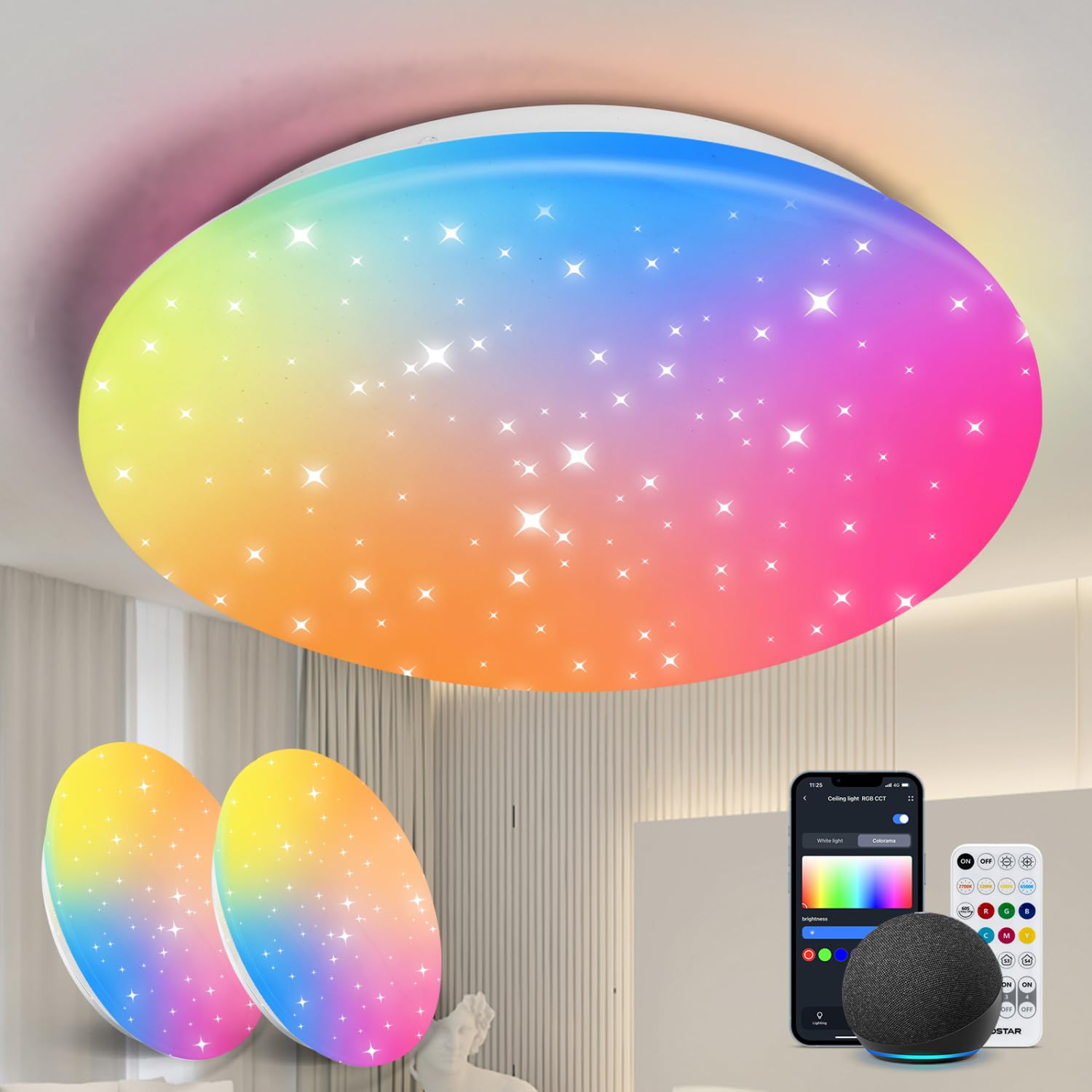 Aigostar Mesh- Plafon LED Techo Bluetooth Mesh, 18W, 2000LM, 3000K-6500K y RGB regulable, IP44, Φ35CM, Plafón LED Inteligente Compatible con Alexa, Lampara Techo Alexa para Salon/Dormitorio, 2Uds