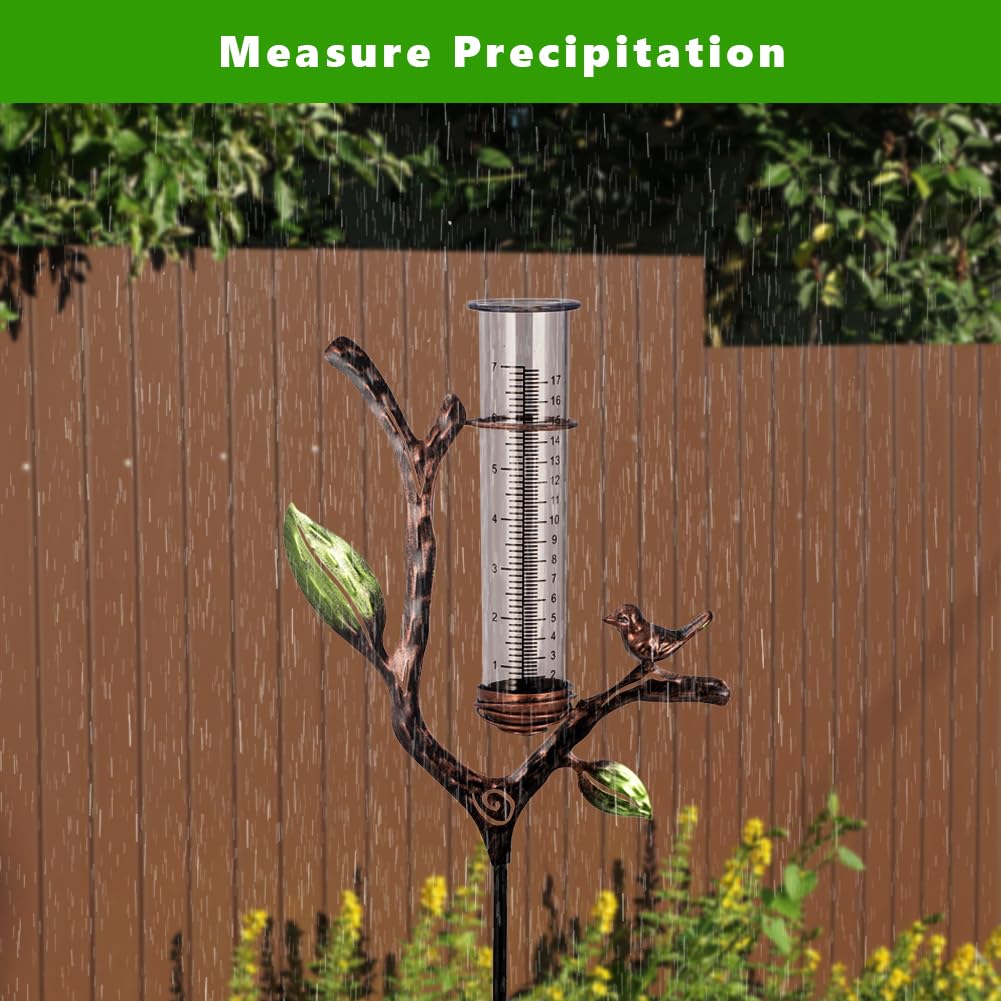 Regenmesser Outdoor Metall Regenmesser mit Pfahl | 17,8 cm Rohr-Regenmessgerät, dekoratives Zweig-Regenmesswerkzeug für Garten, Rasen, Terrasse