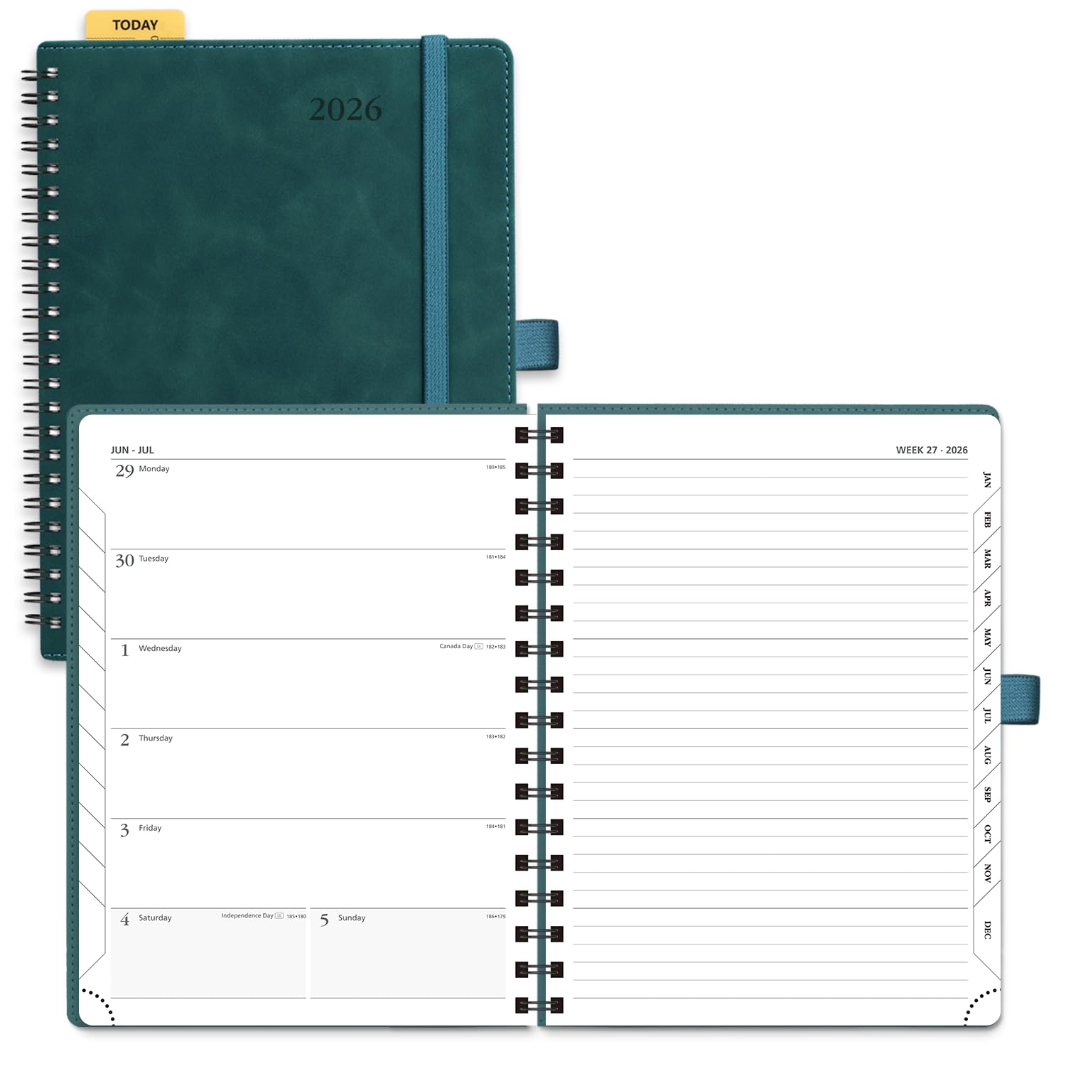 POPRUN 2026 Weekly Planner Notebook (Jan-Dec), Medium 8.5''x 6.5'' - Agenda 2026 Calendar Book with Monthly Tabs, Inner Pocket, Spiral Soft Cover, 100 GSM - Petrol