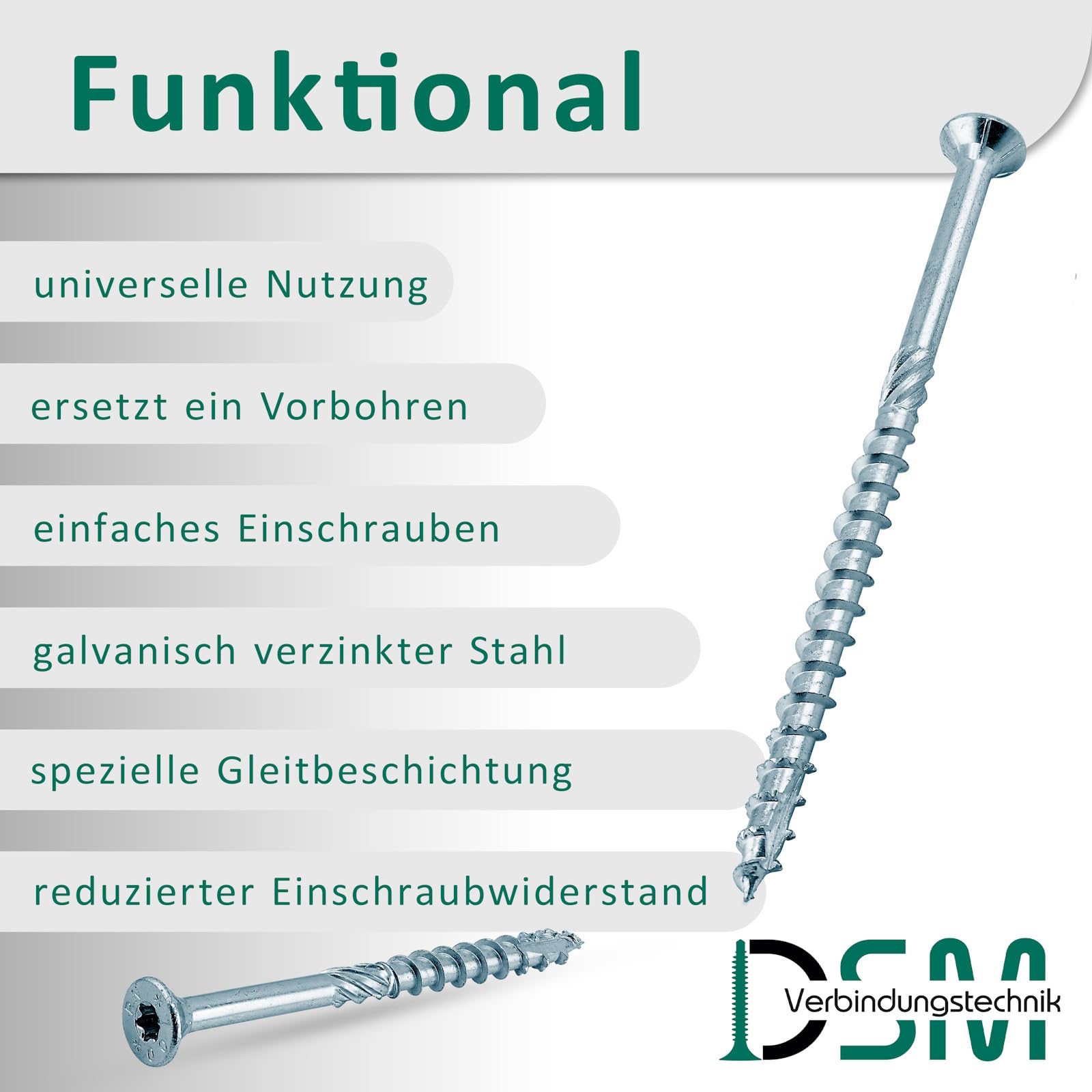 DSM – Tornillos para madera 8 x 300 mm – Tornillo de cabeza avellanada galvanizado, TX40 – Tornillos para paneles de partículas con rosca ondulada – con espiga de fricción, estrías fresadas y punta