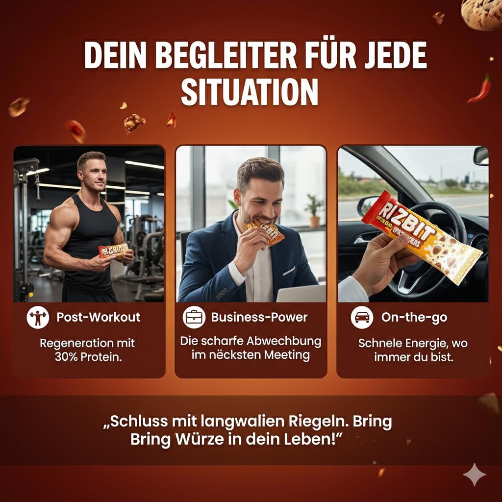 HOT CHIP Rizbit Protein Riegel Spicy Cookies - 30% Protein, Scharfer Keks Geschmack, 45g - Proteinreich, Ballaststoffreich, Energie Snack für Sport & Alltag - Low Carb, Glutenfrei