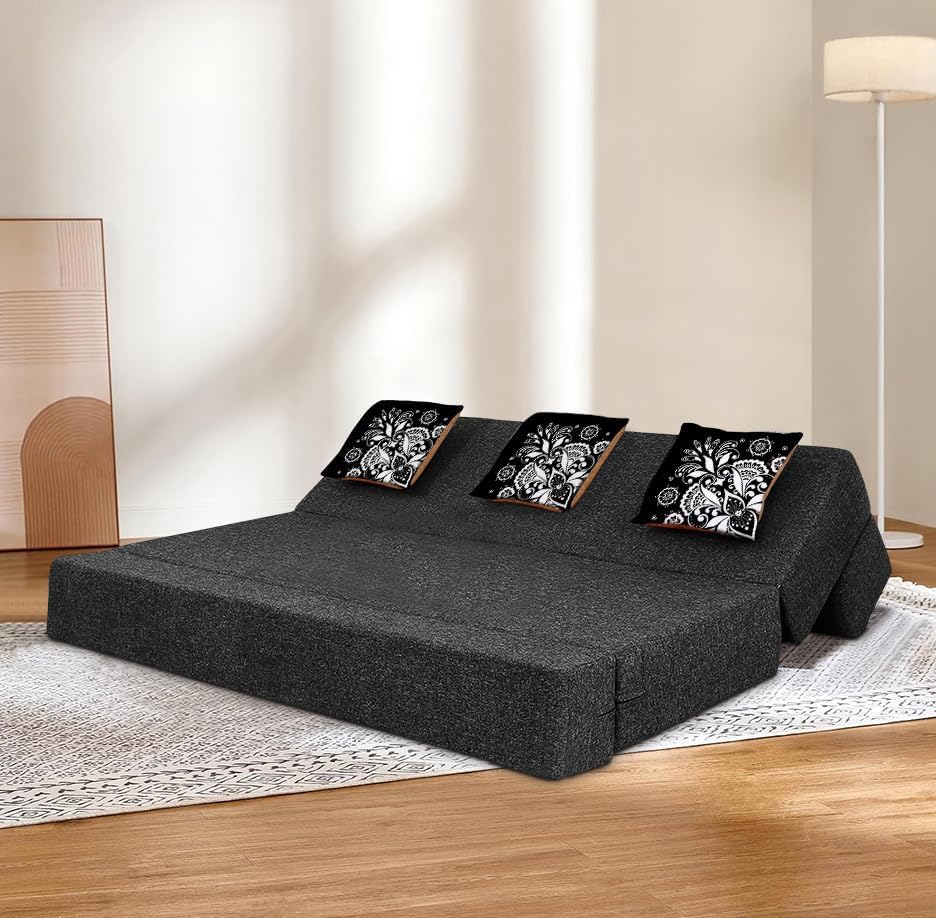 Image of Rosebell Three Seater Sofa Cum Bed | Jute Fabric Washable Cover | with 3 Printed Cushions Perfect for Guest | Black | 5' X 6' Feet